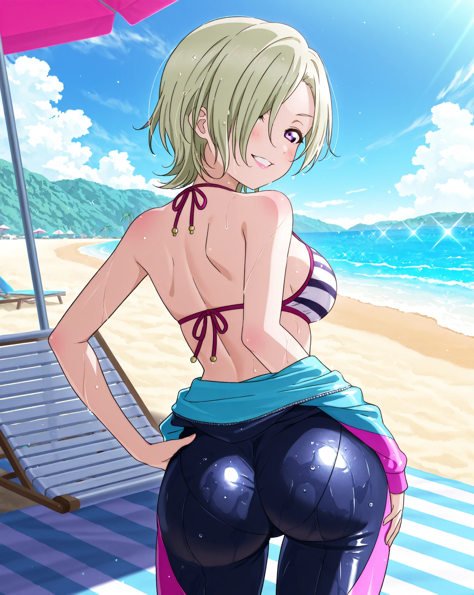 (high quality), anime style, source_anime, 8k, extremely detailed, organic details in scenary, (High detail), Solo, ((italian blonde female)), ((sexy doggystyle pose, from behind, ass)), (sexy face), (medium round breasts), ((skirt, crop top)), ((pretty perfect model hourglass-shaped body)), (beach scene),