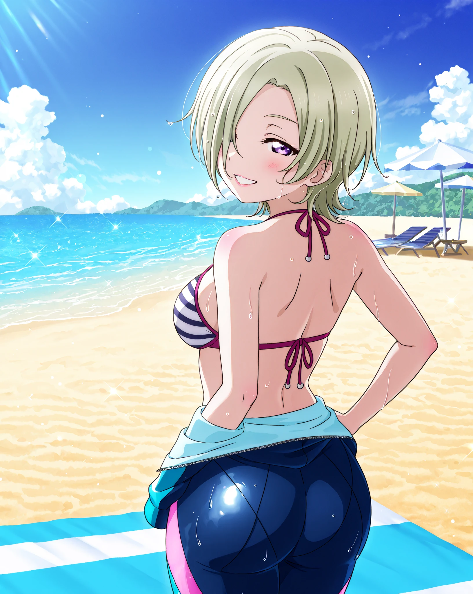 Match background High level image quality　best image quality　8K　 adult woman    pool party  rain　palm trees  more colors   whole body view　portrait　 bikini   　horn    ears  　short hair（（shortcut）（gray hair）（perm）（fluffy））　eye color is blue ,  , 　attractive evil face , smile   ,  sexy pose   ,  labrynth ,  barearm    ,     , standing view from behind  by the pool , crossed legs  , all wet , wet hair 