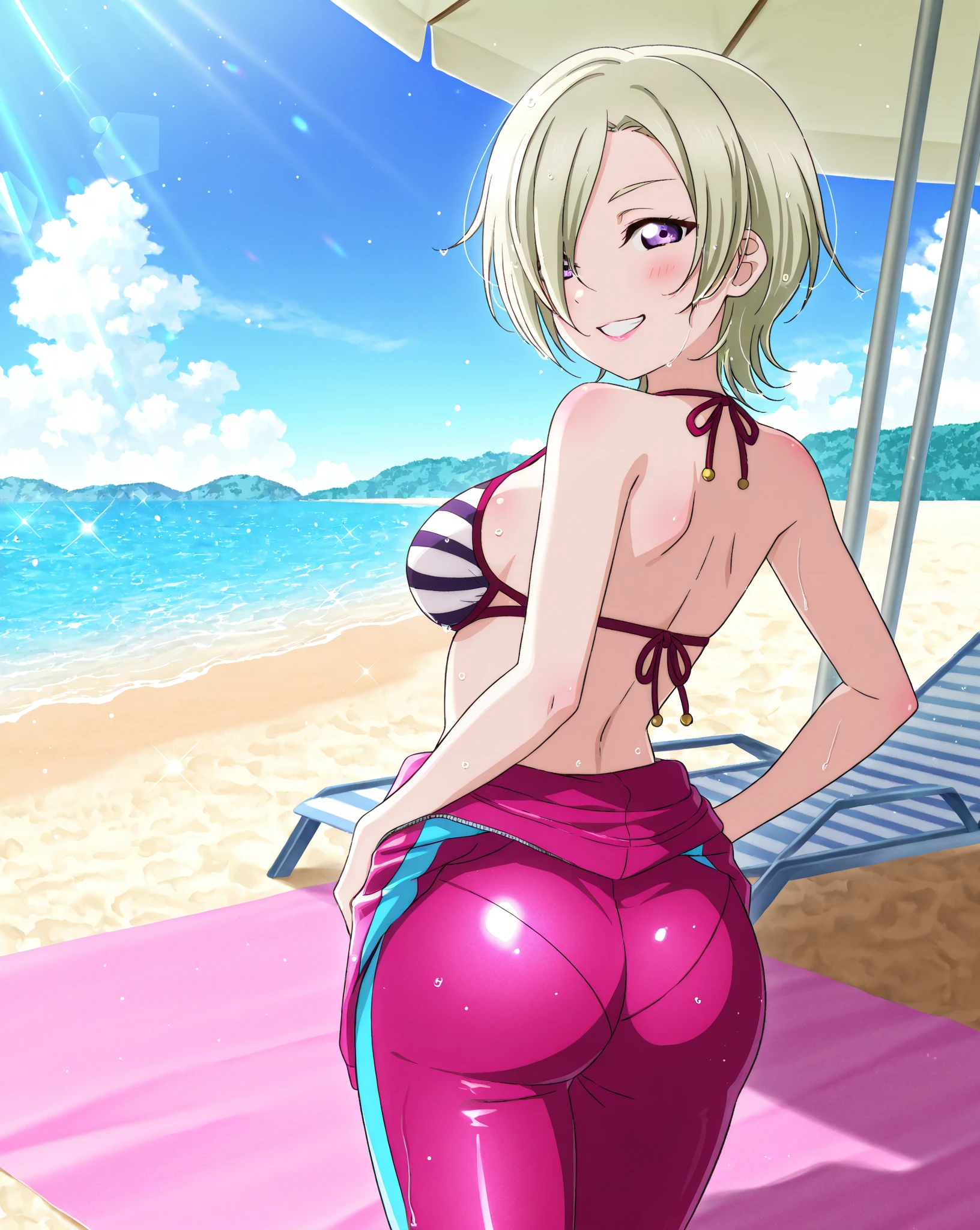 best quality, high-res, and18, 1girl, android 18, solo, blonde hair, blue eyes, bikini, hyper massive fat breasts, beach, very wide fat hips, very tight bikini, sexy mischievous smile, very deep cleavage, massive wide fat round ass, massive fat belly, sexy very curvy very fat very motherly body, slight blushing, bedroom eyes, from behind, looking back, deep fat navel, curvy obese woman, disproportionately hyper massive fat wide round ass, ass inflation, inflating ass, rapidly growing fat ass, blushing, fat face, overflowing bikini, hyper pregnant, sitting on you POV,