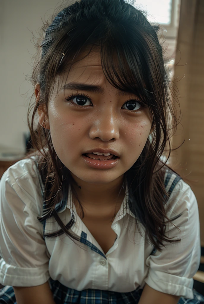 Young beautiful sweet Bogor city girl, 22 years old, tormented sweet babe, mixed  descent from sundanese and Javanese, petit slim body, greek nose, sweaty neck  short messy hairs with a bang, georgeus sweet face, very dense hairs under her stomach are visible, her hairy vagina are exposed, very realistic, very detail, no cartoon, normal all fingers shape, wearing white lacy panty, wearing white bra, half naked, semi nude, office girl, shy and humble  girl, standing open wide legs being having tortured,  she being has investigation, full painful tormented redish grimacing face, wet and crying eyes, no smile, raised head,  not smile,  get  very hard electrical punishment, electrical wires inserted into her anus visible, open wide mouth in pain to feel very high voltage  electrocuted hurt in her anus, deathly very in pain face ,all her office clothes lying on the floor, front view,