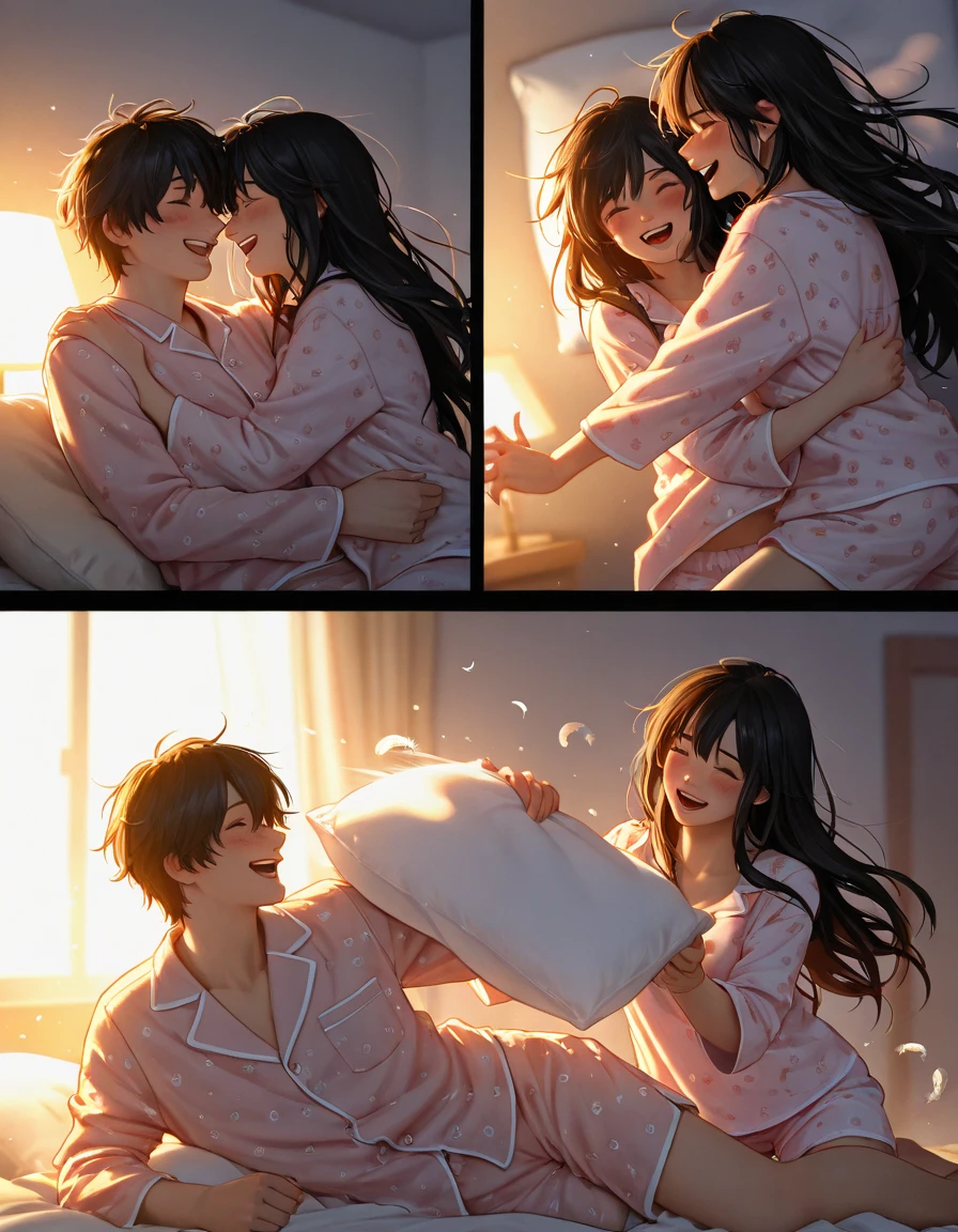 1man and 1woman having sex,,hyperrealistic,mature seductive woman lying on bed,rolling up eyes,flying heart-shapes,shaking effect,black hair,(happy),saliva,bukkake,white sweater,long pink skirt,vulgar hotel,pink light