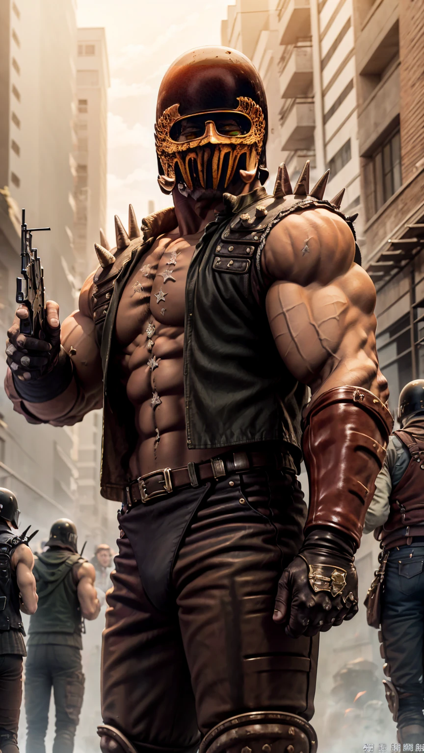 8k images、Jagi from Fist of the North Star、Bust、Black leather jacket、doping、Muscular、Fearless smile、The face of resentment、Glowing Eyes、Carrying a handheld shotgun、Bodybuilder build、Ruined buildings、strobe、Black background、Head close-up
