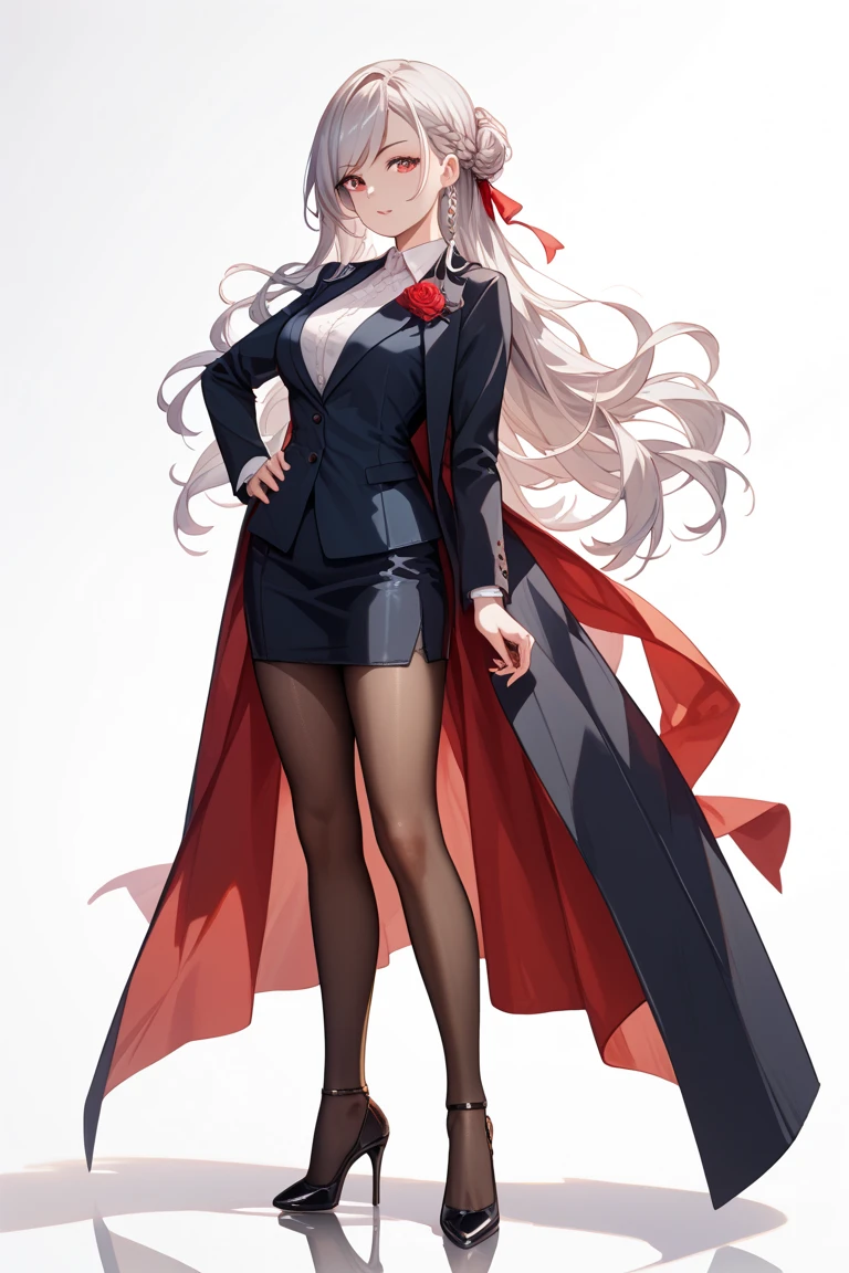 anime style, manga style, 
female character,African Girl, white hair,black skin, blue eyes, wearing a suit, black pants, wearing high heels,holding a sword in her left hand, Duplicate head, 3D, face deformity, eye deformity, mouth deformity, face anomalies, hand anomalies, arm anomalies, leg anomalies, duplicate hands, duplicate fingers, duplicate arms, duplicate legs,hand bugs, head bugs, eye bugs, leg bugs, duplicate sword, sword bugs, sword anomalies --auto --s2