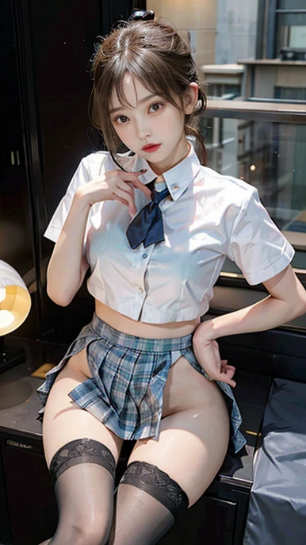 1 girl、A female junior high school student in a serious school uniform lifts her skirt、Idol level cuteness、Embarrassed and crying expression、frameless eyeglasses、baby face、Black hair braids、Slender but big breasts、healthy thighs、Wearing a proper 、striped cotton panties、stockings、Absolute area、anatomically correct、precise fingers、Accurate Lymbuster Pieces、Photorealization