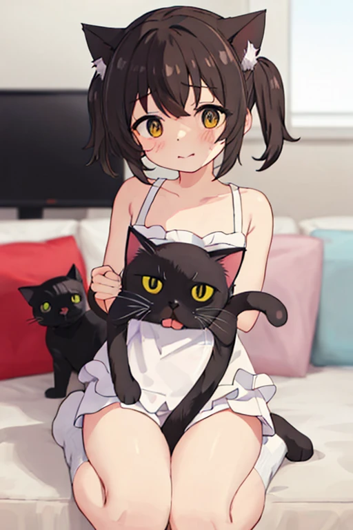 ((Best quality)), anime girl with black hair and yellow eyes sitting next to a cat, anime catgirl, catgirl, beautiful anime catgirl