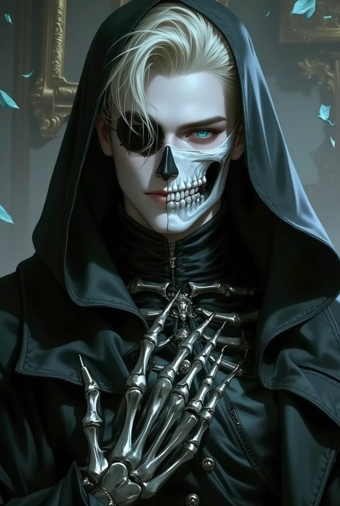 Esqueleto masculino dark sinistro, cenario dark, roupas dark, olhos azuis, Featured skull