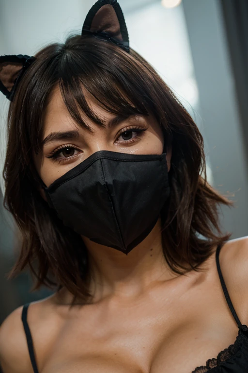 Pretty Shy Young Woman with hair in a bun and a mask with Huge big tits and ass In bondage outfitdress with tights  in the bedroom Takes a selfi Hiding her face with the phone 