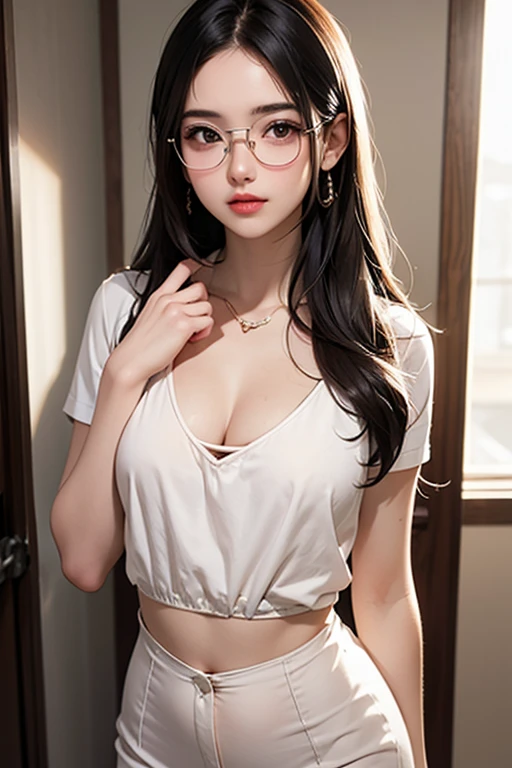 ulzzang-6500-v1.1,(RAW photogr:1.2), (realisticlying:1.4), Beautiful Meticulous Girl, The eyes and face are very detailed, 美丽细致的眼睛, absurd res, Extremely ridiculous, The file size is huge, ultra-detailliert, A high resolution, The is very detailed, Best quality at best, tmasterpiece, ((tee shirt)), illustratio, The is very detailed, CG, unified, 8k wallpaper, Amazing Cleavage, finely detailled, tmasterpiece, Best quality at best, Very detailed CG unified 8k wallpaper, facelight, 电影灯光, 1个Giant Breast Girl, 16 yaers old, Long white hair, Lateral fissures, (Large breasts), ()), (wears glasses), (dynamicposes), (a sexy pose), ((Camel toes))), (halfway), ((lacepantyhose)), ((Black hip skirt)), (bends his knees)))))
