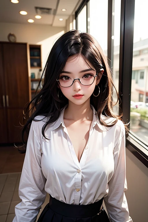 Game art,The best picture quality,Highest resolution,8K,((A bust photograph)),((Portrait)),(Rule of thirds),Unreal Engine 5 rendering works, (The Girl of the Future),(Female Warrior),
22-year-old girl,(Female president),(Dark red gradients of hair,Long hair casual),(A beautiful eye full of detail),(Big breasts),(Eye shadow),Elegant and charming,indifferent,((surprise)),high shool girl in the bus,
Photo poses,City background,Movie lights,Ray tracing,Game CG,((3D Unreal Engine)),oc rendering reflection pattern, no bra, big breasts, ((glasses))