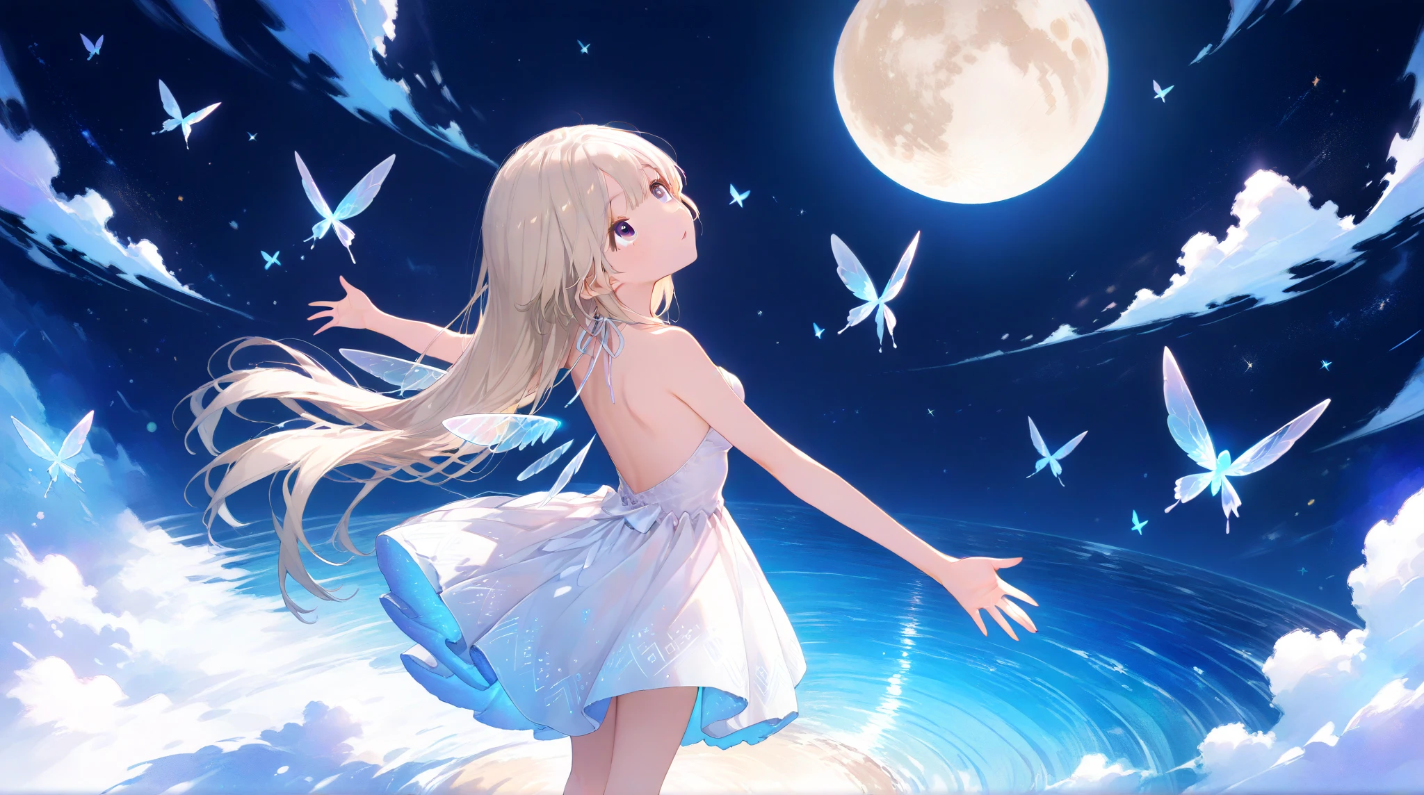 (moist paper,deep watercolor style,comfort,pastel painting illustration,concise,watercolor rendering,natural rendering,pigments mix naturally:1.3),
(black theme,night sky theme,:1.3),(moon:1.3),(glowing body, glowing scales, moon reflection reflected in eyes, looking up at the moon ,:1.3),
<lora:mothPeople-08:0.8> (moth woman,naked,from behind:1.4)