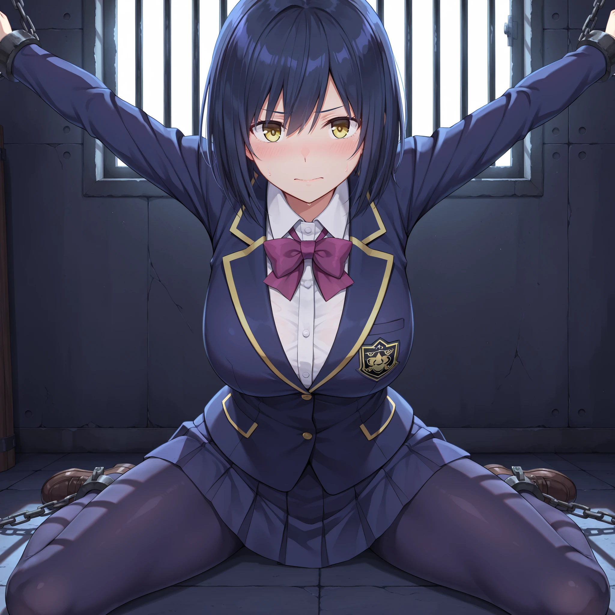 solo,masterpiece,best quality, amazing quality, highres, absurdres, very aesthetic, high resolution, ultra detailed, perfect details,nijirin,large breasts,yellow eyes,blue hair,black hair,moles,medium hair,nijirincos,white shirt,collared shirt,purple bowtie,blazer jacket,blue jacket,blue skirt,miniskirt,pleated skirt,dark blue pantyhose,(masterpiece, detailed:1.2)、look at viewer,anime screencap,mature female、On ground, arched back, spread arms, spread legs, chained arms, chained legs, Indoors, prison cell,looking at viewer, embarrassed,bent over,wariza