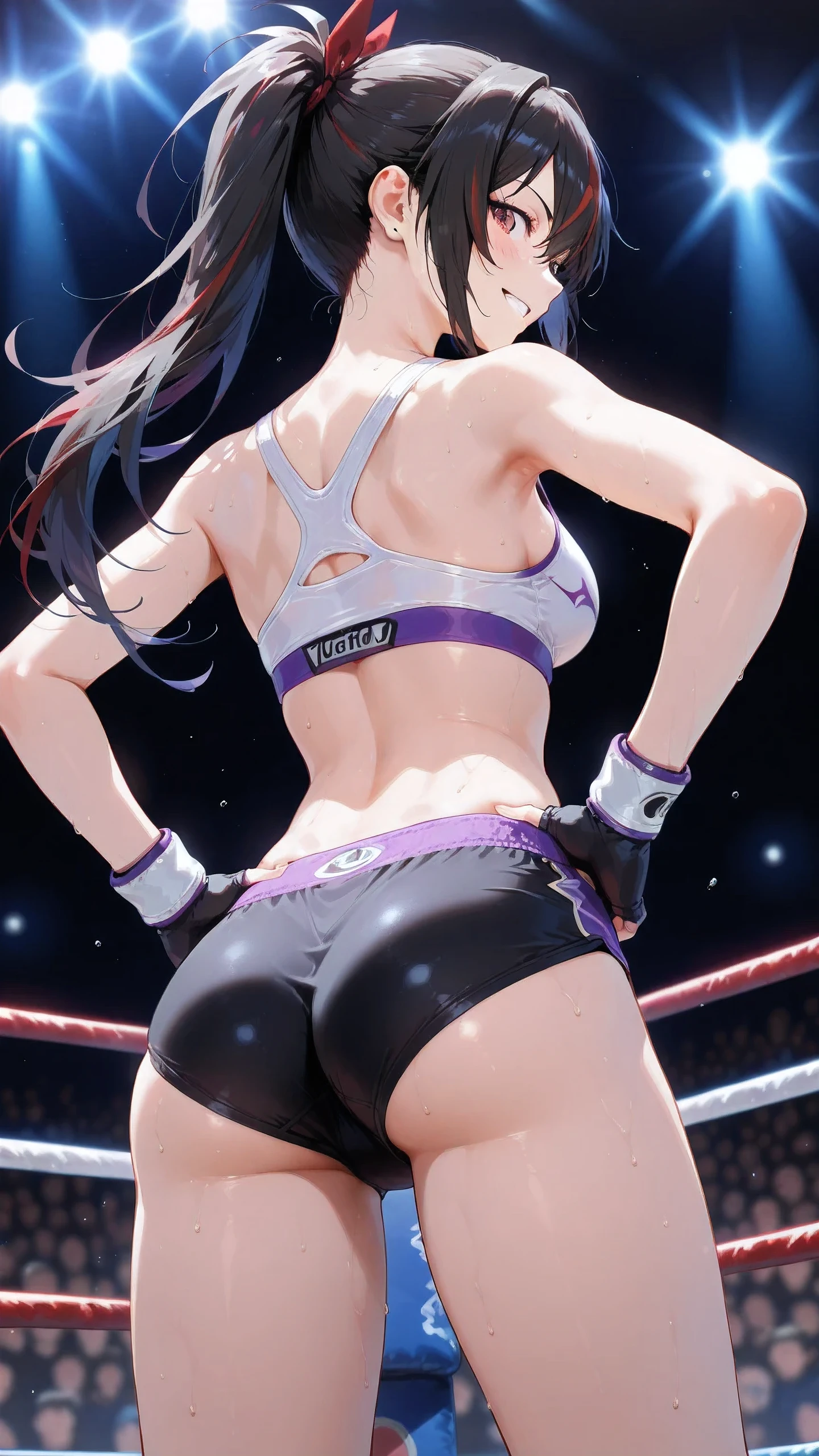 KunimitsuTK, long ponytail, streaked hair, solo, Detailed eyes, white sports bra, black boy leg underwear, black fingerless gloves, thigh, cleavage, medium breast, serious grin, looking at viewer, Detailed eyes, Detailed face, victor, hands on hips, from behind, from below, cowboy shot.
indoor boxing ring, spectator seats, spot lights, depth of field, best quality , masterpiece.