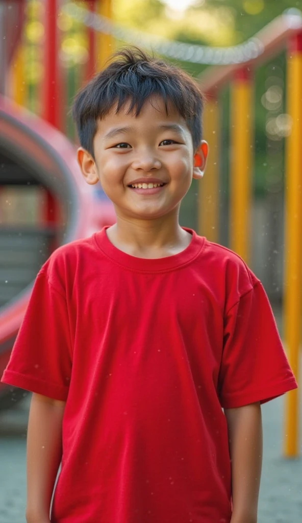 boy red hair china school playground background handsome black short sleeves smile early morning sun