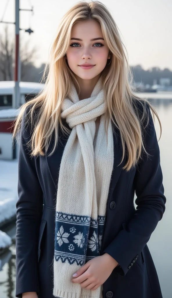 full body picture, winter, snow, winter outfit, scarf, haube, young and cute face, chubby, cute smile with beautiful teeth, best quality, Meisterwerk, Realistisches Foto, Komplizierte Details, RAW-Foto, Ultra-detailliert, blondes haar, cute face, Körpchengröße B, blondes Haar, perfekte und blaue Augen, HD quality, 8K, young woman, 20 Jahre alt