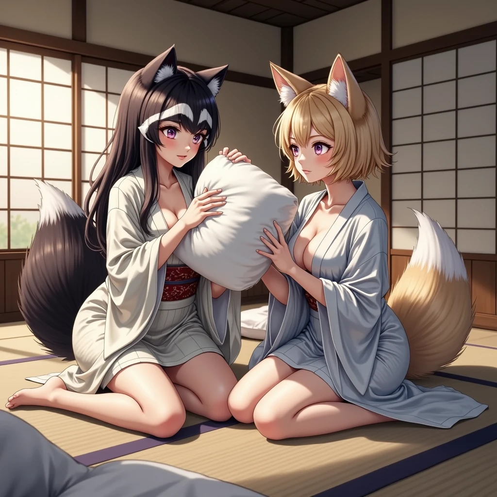 Ceroba,c-cup breasts,kimono,A warm smile,Fluffy tail,Eyes are loving,living room