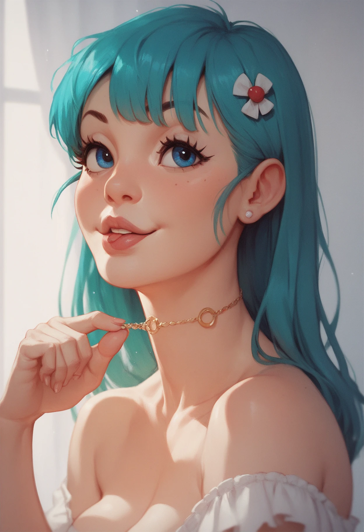 moody lighting, cute girl, (platinum blue hair), ((very long hair)), perfect face, innocent smile, ( redeyes), (naked), (petite), (slender), ((flat chest)), ((18 years old)), skindentation, extreme detail, attractive oval face, black lipstick, pink nipples, glossy skin, detailed hair, face focus, close-up chest, gold ornamental necklace, earrings, (1 girl), blush, embarrassed expression,