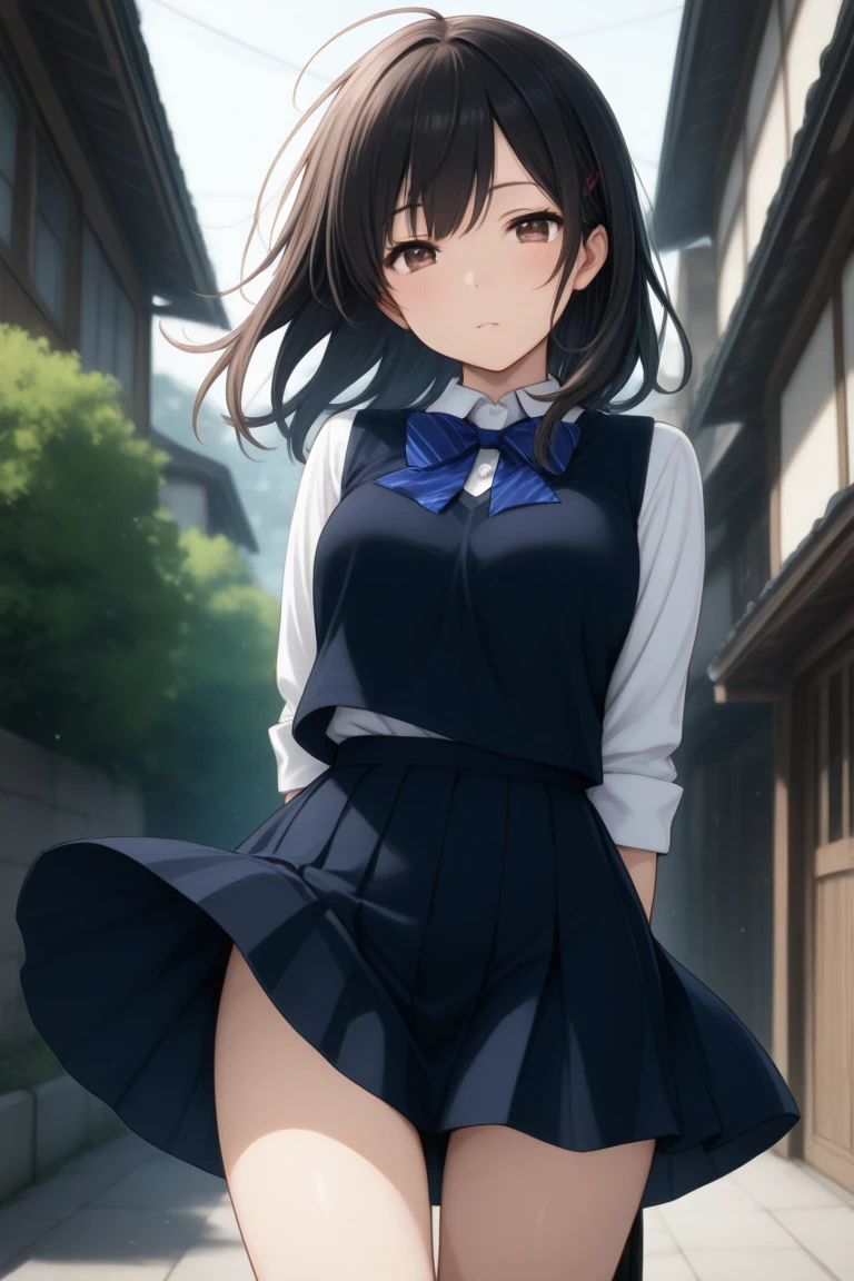 Low - Angle、Long skirt、Hold down your skirt that is being blown up by the strong wind、The strong wind is showing her white cotton panties、high quality:1.0), (masterpiece:1.0), (Ultra-fine illustrations:1.0), ネイビーブルーのLong skirt、
、Lined、