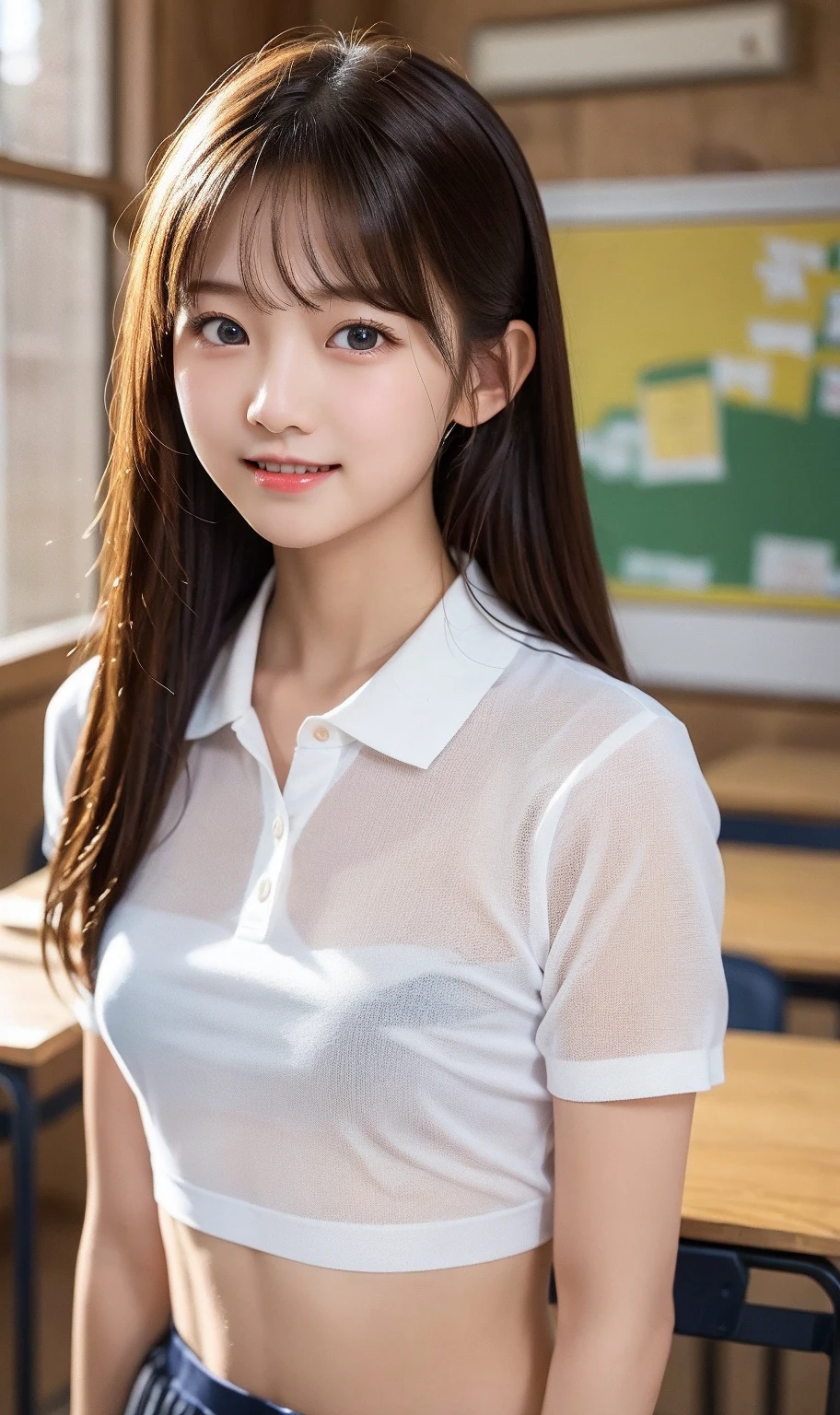 (masterpiece,best quality,high quality,high risk,Extremely detailed),8K,masterpiece,original photo,best quality,Reality, Complex facial details,1 girl,Fine fabric texture,School,classroom,18 years old,Upper Body,(short sleeve school uniform,Expose your armpits)