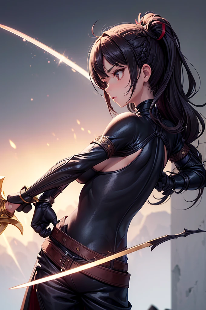 a half cat girl with dark skin, brown hair and golden eyes wearing leather armor