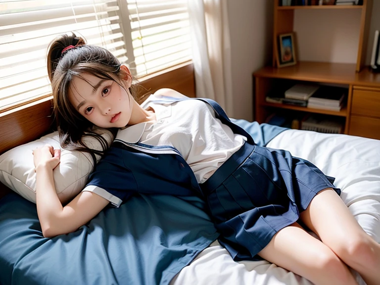(masterpiece:1.2), Japanese, (18 years old), (a girl), hair bun, slender body, ((school uniform)), collared shirt, (closed eyes), (opened mouth wide), (lying on her back to a bed), bow tie, 