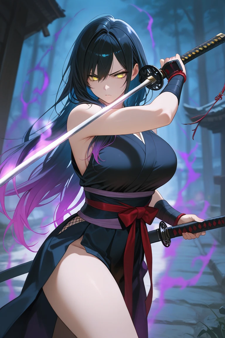 (masterpiece, best quality, ultra detailed, 8K), 1girl, ninja, shinobi, kunoichi, black hair, knife,blue flame, (purple flame, black flame),action pause,NSFW, thunder,crackling energy,electric bolts