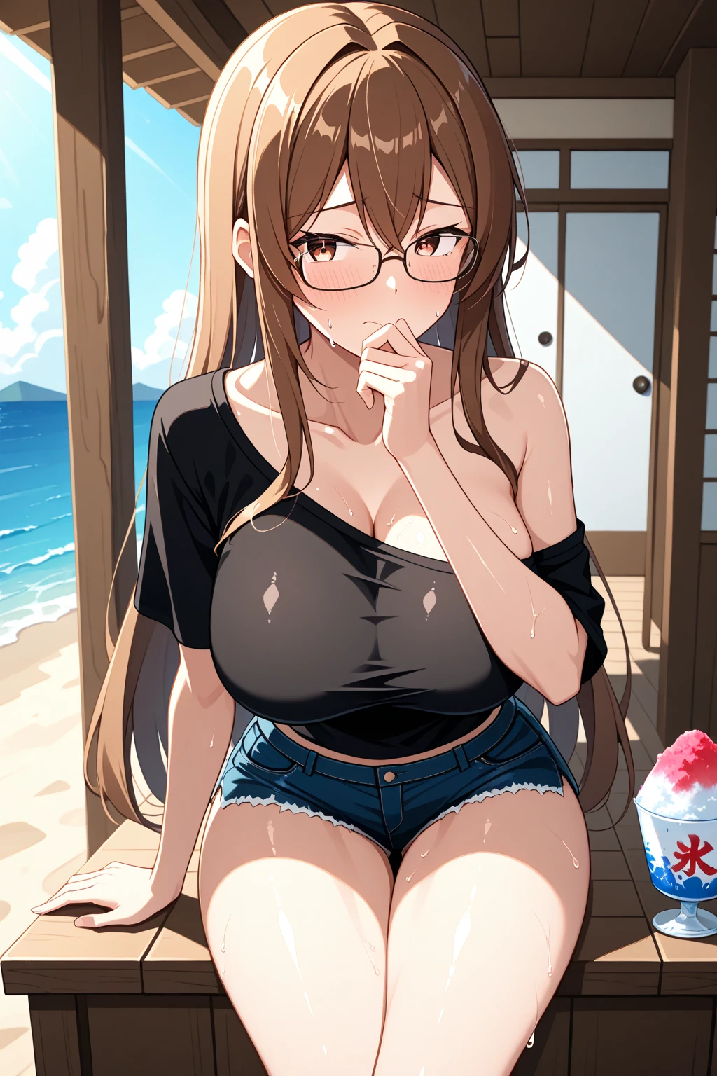 High resolution, high quality, One girl, Anime Girls, Brown long hair, Brown eyes, Pink Glasses,heart shaped pupils,Sunburned skin, Large Breasts,beautiful breasts,pointy breasts,(Big Ass),Embarrassed,miko,hakama skirt,(water),(snow),(ice),