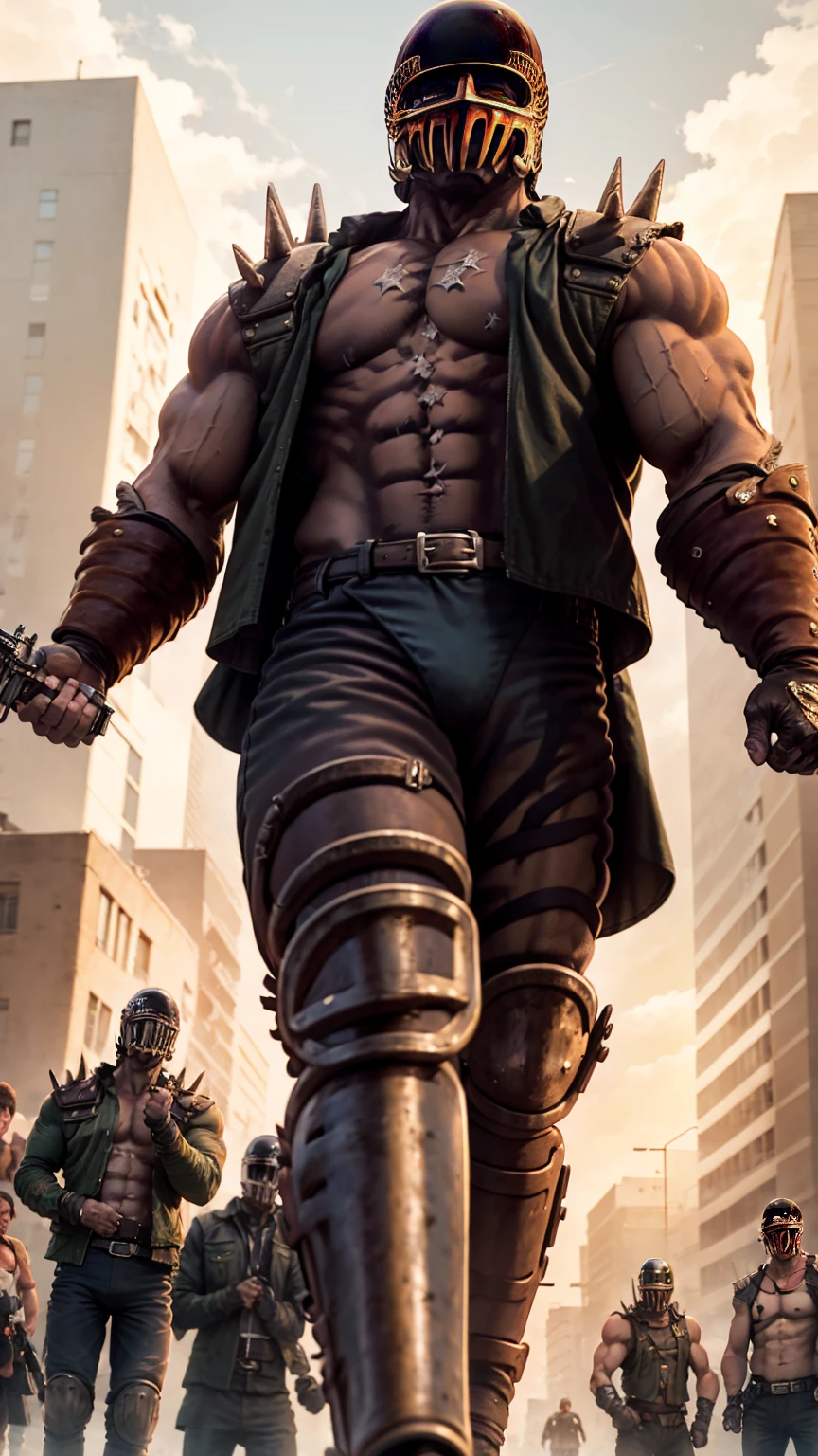 8k images、Fist of the North Star、Jagi、Image from chest up、doping、Muscular、Fearless smile、The face of resentment、Glowing Eyes、Pointing a handheld shotgun、Bodybuilder build、Ruined buildings、American Bike、Harley