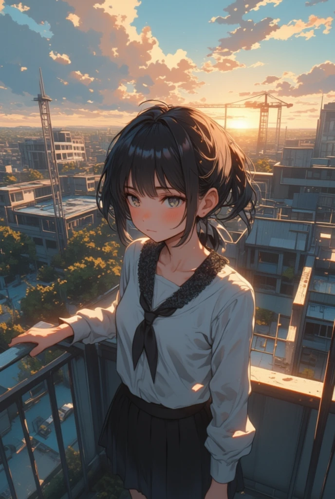 1girl、Cowboy Shot、highest quality、cute、alone、Grin、From the side、Golden hour sky