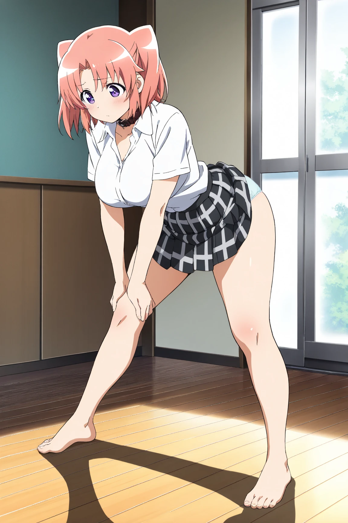 masterpiece, best quality, very aesthetic, absurdres,nsfw,1girl, solo,
, (oppai loli:0.7), (pink hair:1.3), asymmetrical bangs, (single_hair_bun:1.1), ahoge, BREAK
blonde eyes, pale skin, large breasts, light areolae,
, topless, nipples, pink bra, striped bra, bra lift, red skirt, white thighhighs, skirt lift, pink panties, striped panties,
blush, expressionless, shiny skin,
(long focus:1.3), (from below:0.8), ass, ass focus, looking away, BREAK
indoors, locker room, easel, window blinds, curtains,
