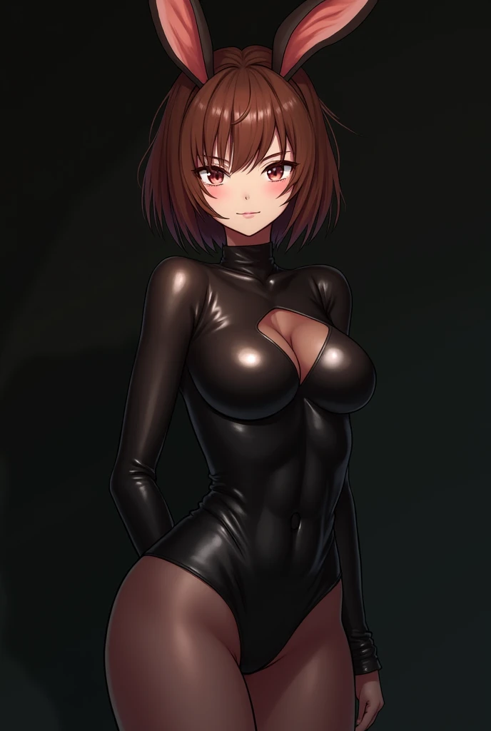 Cat girl, black latex suit, spy suit, cleavage, short hair, brown hair, zipper, smug look, helicopter, smile, dark skin, zipper, d cup breasts