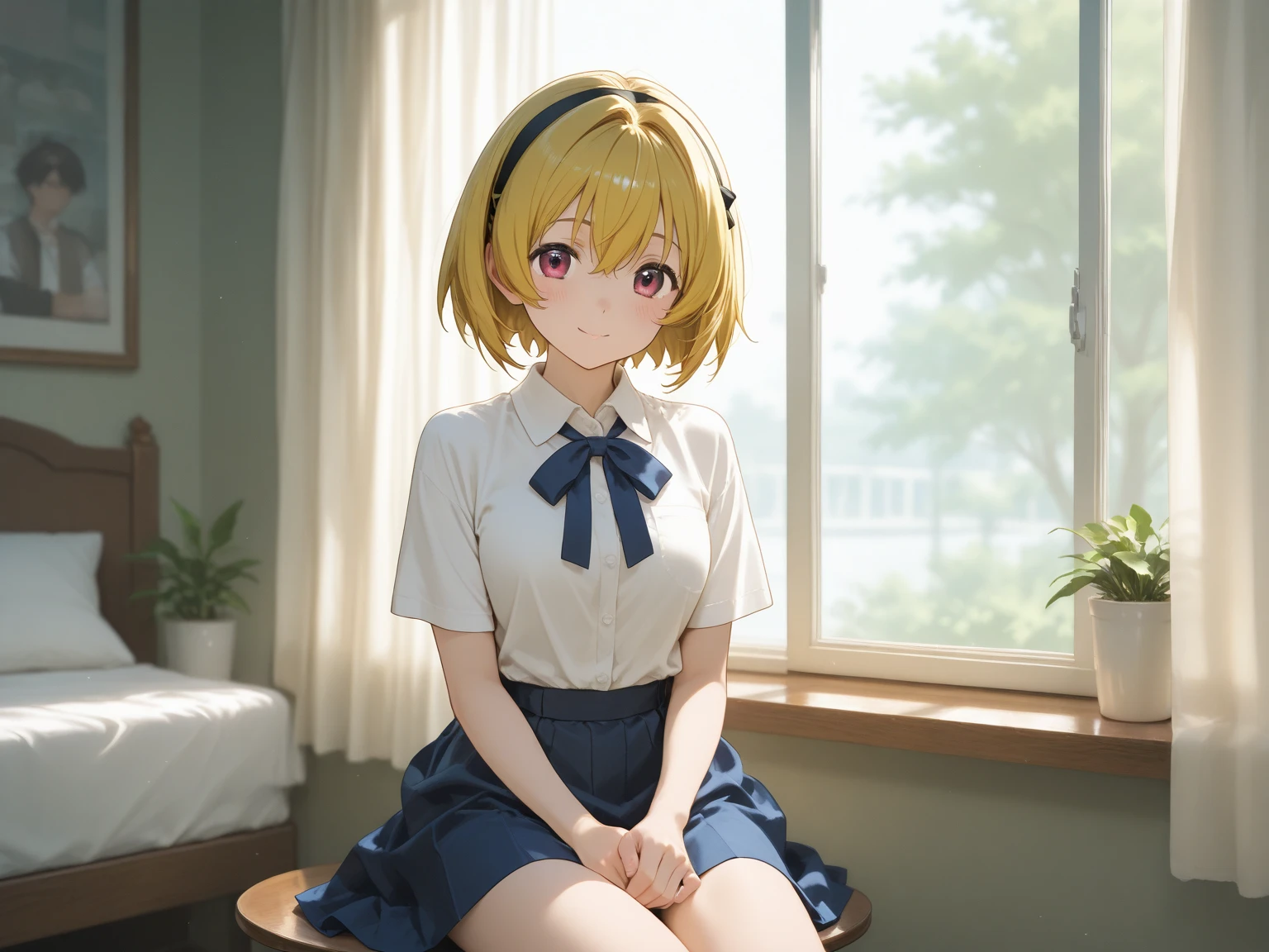 masterpiece, best quality, sketch, 1girl, solo, looking at viewer, , depth of field, (watercolor illustration, soft pastel colors:1.1), , riri_romantic_killer_girl, blonde hair, aqua eyes, short hair, hair bun, double bun, bangs, naked, without clothes, sitting cross-legged, bare chest, nsfw 