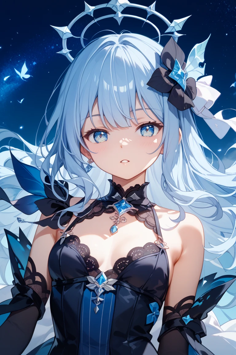 A woman，Wearing long blonde hair，blue color eyes，Black and white dress，Gold border，chies，low head，（Prayer 1.9），（Squint 1.9），grieves，a gorgeous，（Hip blue butterfly wings），Beautiful body