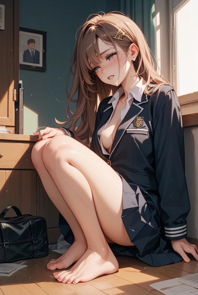 (high-definition images, atmospheric perspective, 8k, super detail, accurate, best quality, angle from below), a woman, (((round face))), (eyes realistic sizing, drooping eyes, sleepy face, ecstasy, dark brown iris), lean on the counter, (((elaborately designed luxury panties with all sorts of pattern for adults, panties high definition images, draw panties with super precision))), open legs, raise leg, (((straddling to hit her crotch on a chair corner))), ((clerk uniform)), id card, earrings, in the factory, (many machines), ((pubic-hair)),