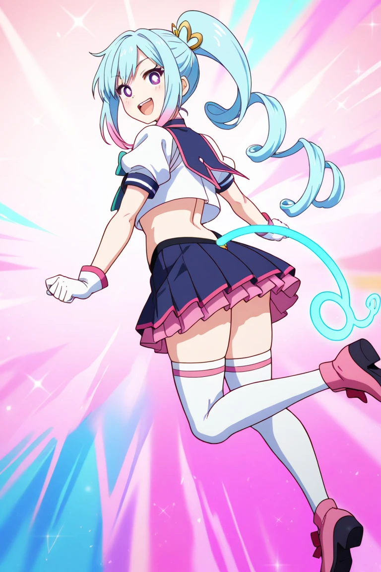 masterpiece, highest quality, Pop illustrations, Pop colors, Pastel Tones, pastel colour,Big Butt,Idol,Miniskirt,smile
