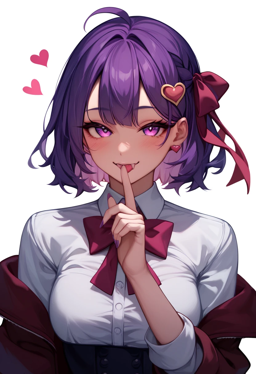Open your mouth wide with your fingers、Ultra-detailed illustrations、Ultra-precise expression、masterpiece、Highest quality、ultra High resolution、High resolution、Hiromitsu Takeda Style、White background、Simple Background、Mash Kyrielight、light purple hair,short hair,hair over one eyes、Black sleeveless dress, White collar、Red tie、Black Pantyhose、Purple eyes、smile、Open your mouth、Choker of Hearts、White Breath、Sweat、Glowing Skin、shiny skin、Side angle、Put the plate、、semen、Semen、eat、Put a spoon in your mouth、