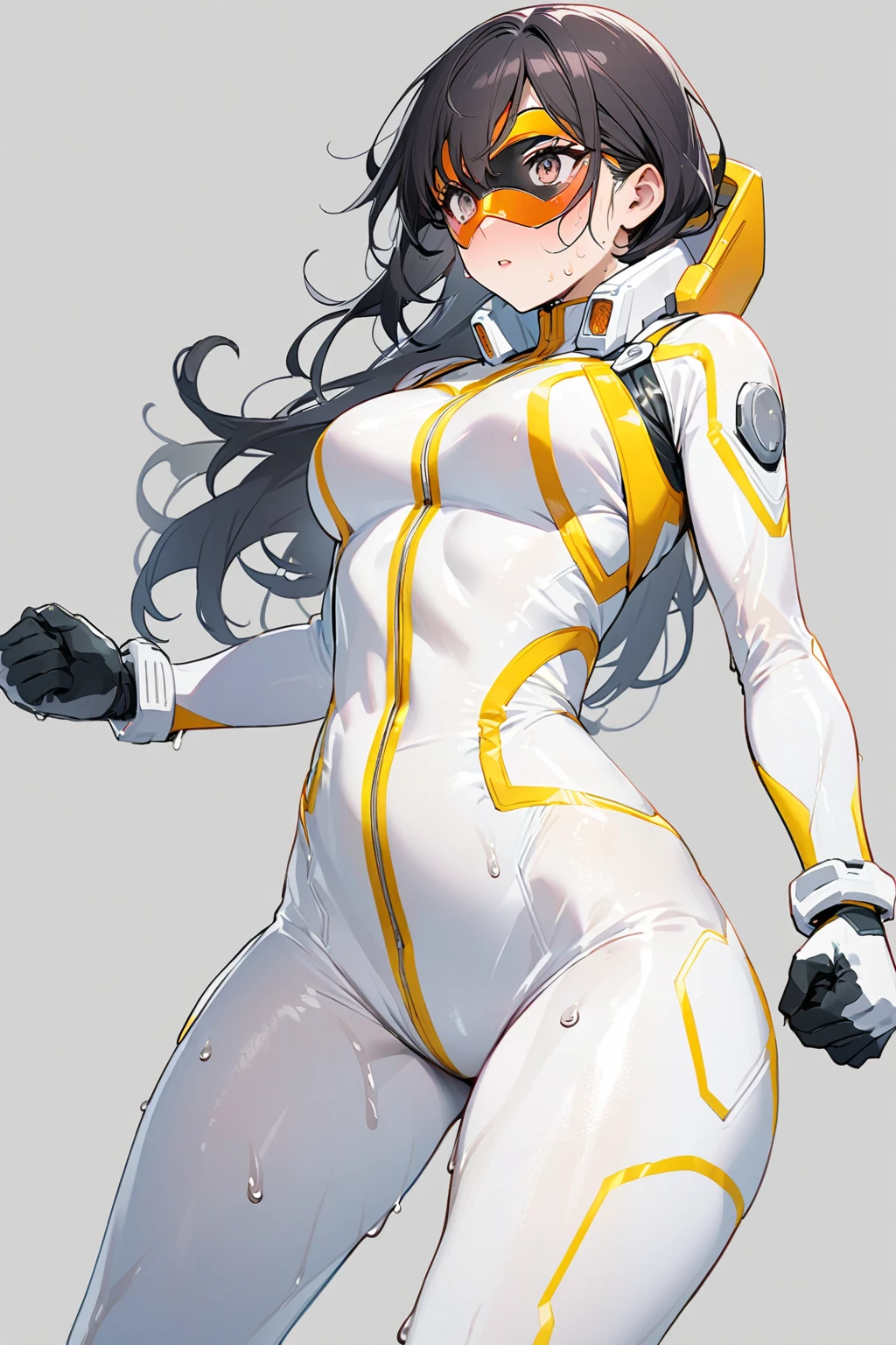 muscular girl thick breasts black hair yellow eyes pale skin texture voluminous hair
