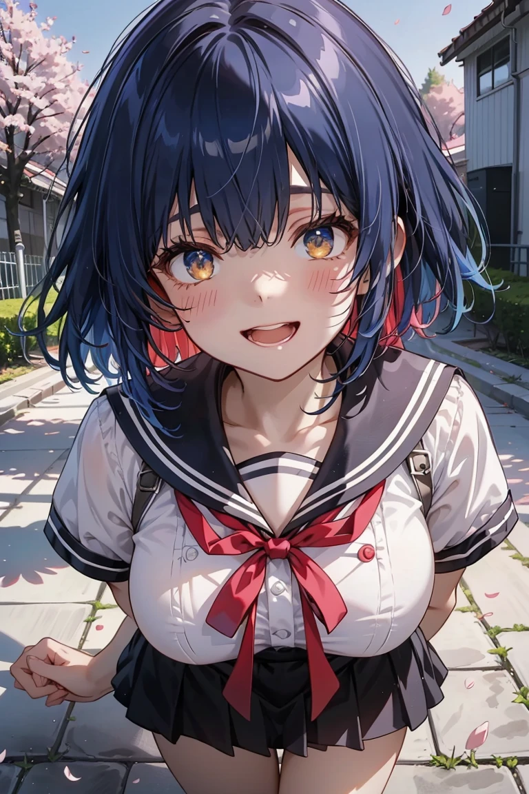 1 female, short purple hair, big purple eyes, open smile, sharp tooth, school uniform, skin tight clothing, clutching bag, flushed face, massive breasts, cinematic lighting, volumetric lighting, sunset, detailed city background, on a bridge, warm hues.