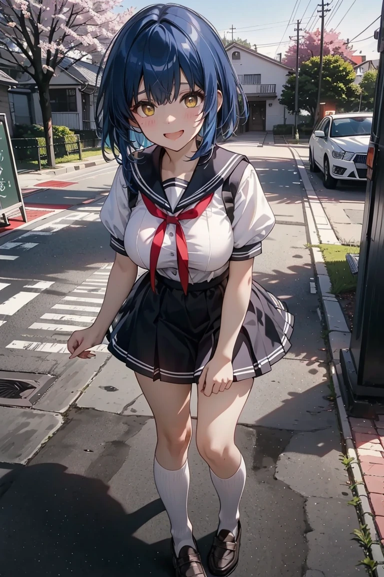 (((masterpiece, Highest quality, High resolution, 超High resolution, Pixel perfect, Written boundary depth, 4K, RTTX10.0))), Beautiful Anime Woman, Beautiful art style, Anime characters, ((Smooth texture, Realistic texture, Anime CG style)), Exact finger count、Exact number of legs、(Exact number of arms:1.0, Exact number of hands:1.0), (Perfect hands, Perfect Anatomy), Cinematic, Realistic, Highly detailed CG, Daytime lighting, Perfect lighting, Best Shadow, The best natural light, whole body, Perfect body, (Slender body:1.2), ((Long Hair, bangs, Dark brown hair, Bobcut)), (Detailed face, Beautiful Face, Beautiful eyelashes), (An adult woman is walking next to me., Lift up your skirt with your hands.:1.4), (Fashionable white shirt, Sailor collar, Navy blue knee socks, loafers, Navy pleated mini skirt:1.3)、Angle from the front, ((Stylish shiny satin panties, White panties with side ties, Black lace trim:1.3)), (beautiful and big breasts:1.1), (Beautiful and thin thighs:1.3), Feeling embarrassed, (blush:1.2), (Very embarrassed look:1.2), Very patient expression, (Urban hustle and bustle, Buildings on the background, Sidewalk, Intersection in the background, In the background, a large number of people dressed in clothes々々:1.4)