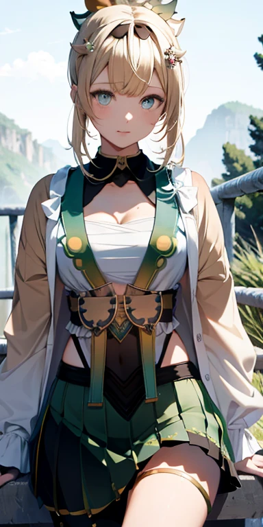 Absurd resolution, high resolution, (masterpiece: 1.4), super detailed, girl alone, from above, space, floating, IrohaBase, hair ornament, hairband, sarashi, haori, covered navel, black gloves, pleated skirt, green skirt, white thighhighs, cleavage