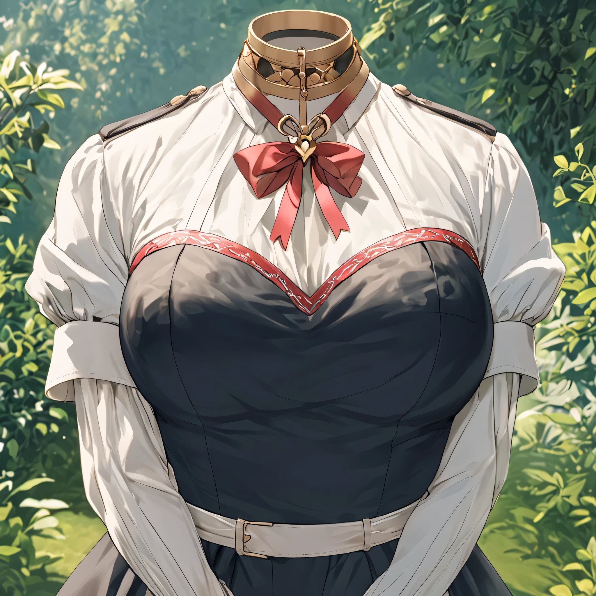 Hilda Valentine Goneril, white blouse, black skirt, Garreg Mach uniform, masterpiece, crossed arm, in garden, (invisible:1.5, no humans:1.5, headless:1.5, faceless:1.5), cute big huge breasts, detailed cloth texture, extremely details, close-up to breasts, (Best-quality, Masterpiece, Ultra-High-Resolution)