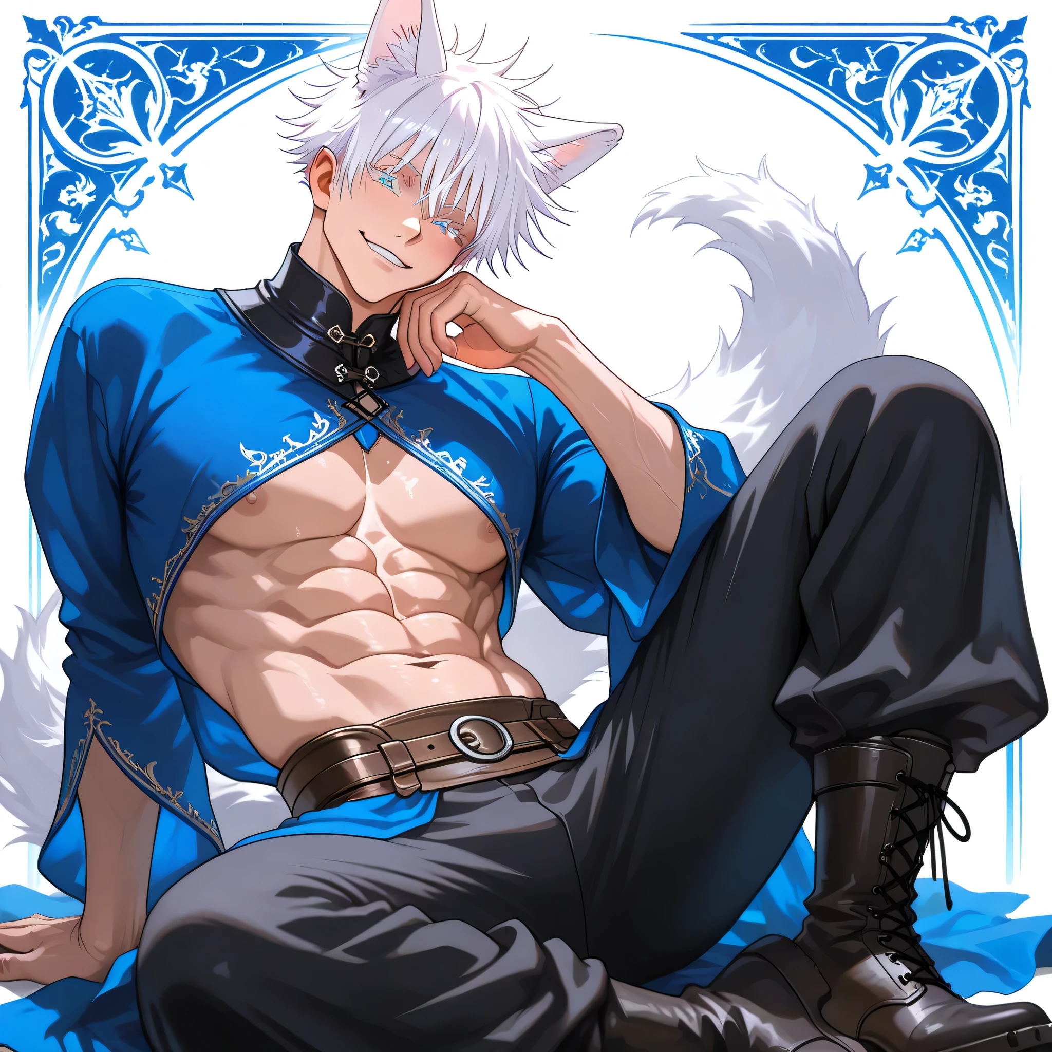 1man, adult, male focus, gojou satoru, jujutsu kaisen, white hair, short hair, ((hair between eyes)), colored eyelashes, white eyelashes, blue eyes, intricate eye iris, detailed eyes, muscular male, sexy man, handsome man, handsome face, handsome fox guy, fox ears, fox tail, beautiful athletic body, fantasy clothes consisting of black and blue elements, black wide pants and boots. fantasy style medieval, vampirism, sly smile