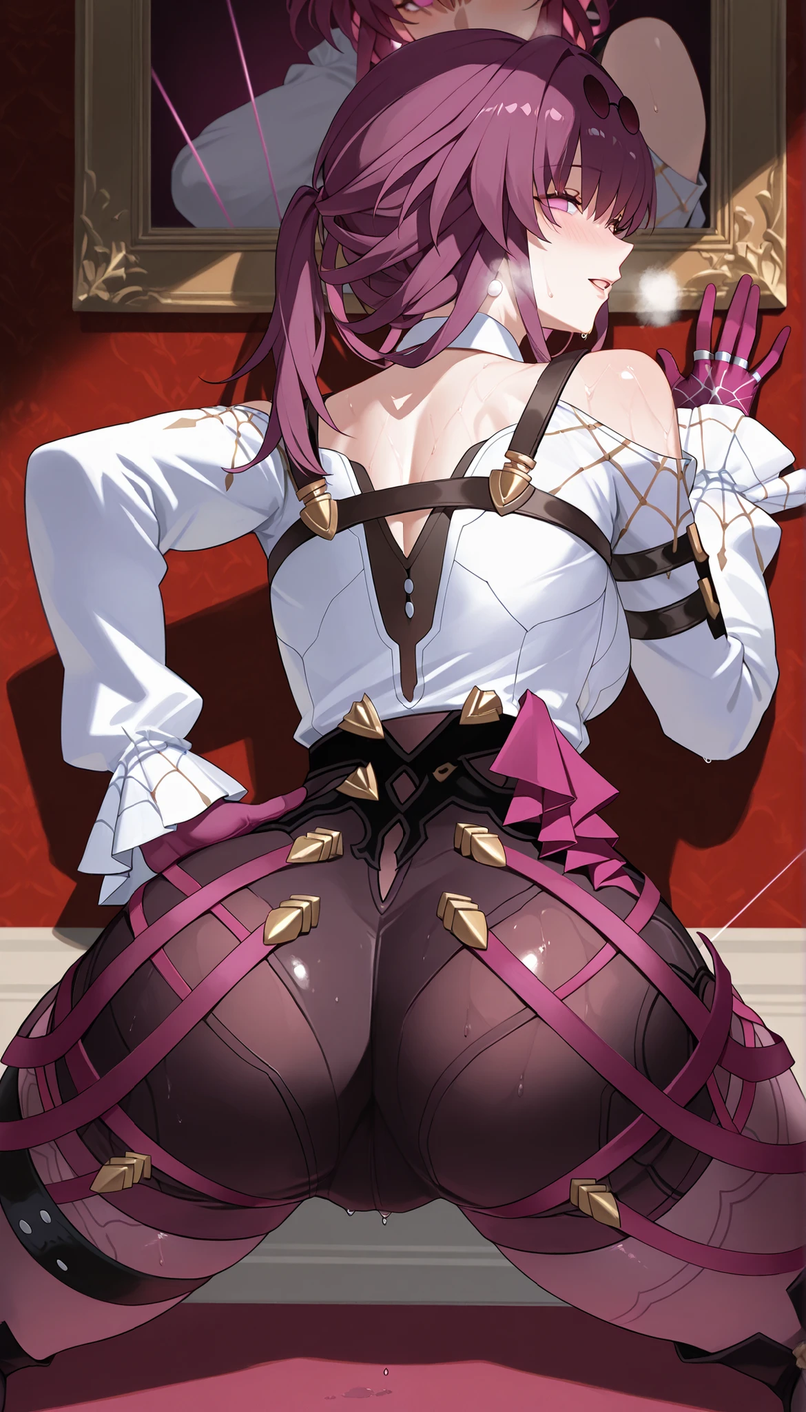 score_9,score_8_up,score_7_up,1 Female, solo,large_, vision_\(Honkai:Star rail\), Kafka_\(Honkai:Star rail\), gloves,looking_at_viewer,(Spreading Legs),Kneeling on the floor,(One hand hold the Wall,ther hand on her own hip),(In Royal bedroom),Torogao,blush,heavy breathing,Shiny Skin,Sweaty skin,big hip,(Cowboy shot),(((From Back))),UHD, retina, anatomically correct, textured skin, best quality, 16k, highres, absurdres ,1080P
