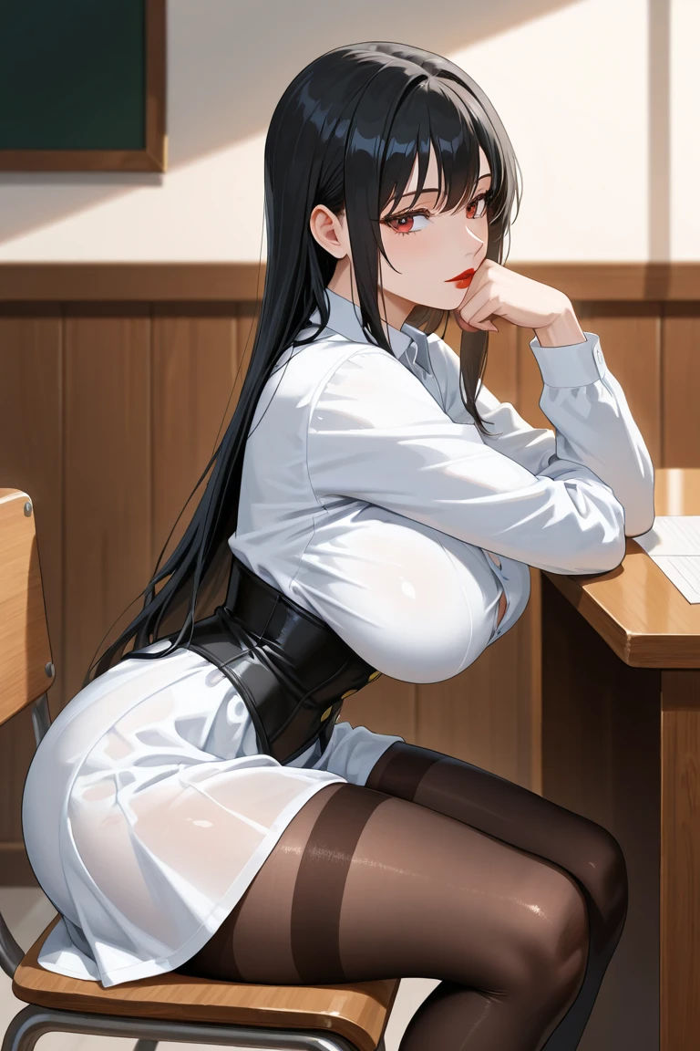White shirt, thight, black hair, huge breasts, glasses, straight long hair, miniskirt, white panties, white thighhighs, glasses, thick thighs, long legs, high heels, black shoes, at the office, sitting on a desk, ???? between thighs, masturbating someone with her thighs, thighjob, cumming between thighs, full body