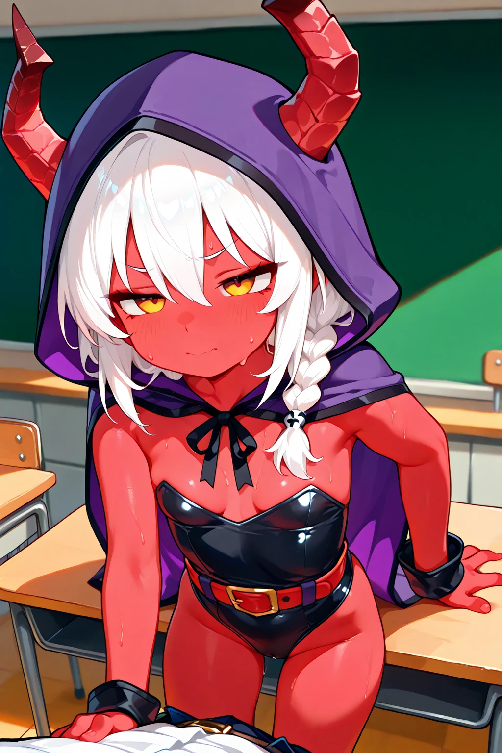 demon horns, red eyes, in classroom, mind control by succubus, naked