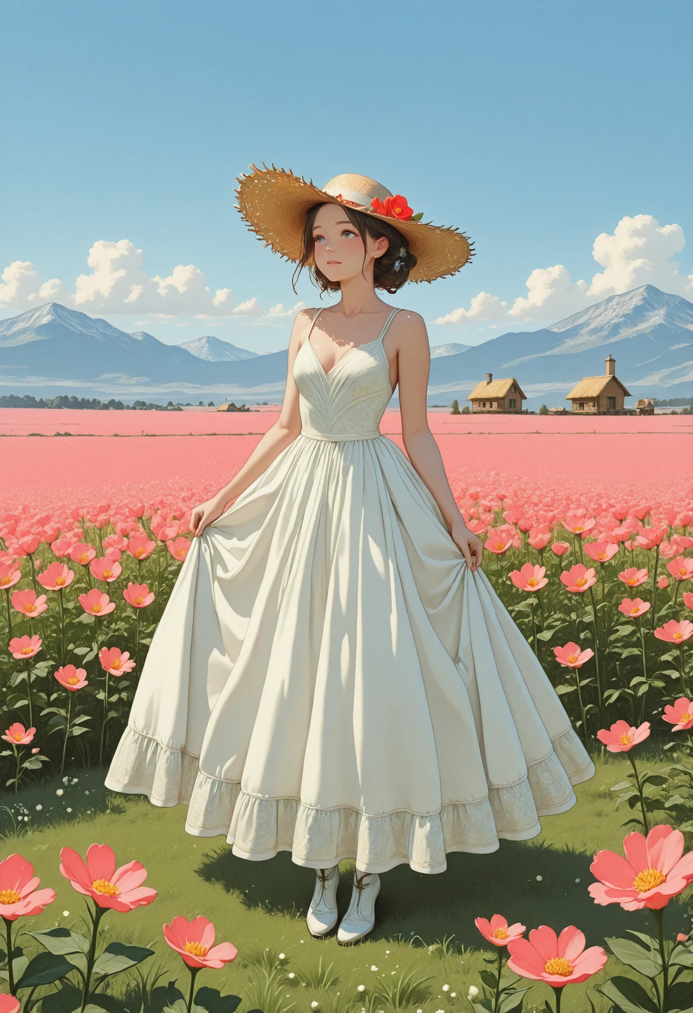 perfect anatomy, ((wearing a dress))、( Highly Detailed CG Unity 8K Wallpaper ), the most beautiful artwork in the world , 1 , full body, landscape, Southern Provence Countryside Scenery , summer, Focus on the sky , Straw Hat , Flower field、20 years old, younger