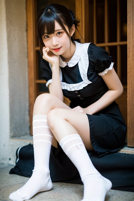 13 years old tiny girl with skinny body and flat breasts wearing white short dress stockings and sneaker sitting in a coffee shop