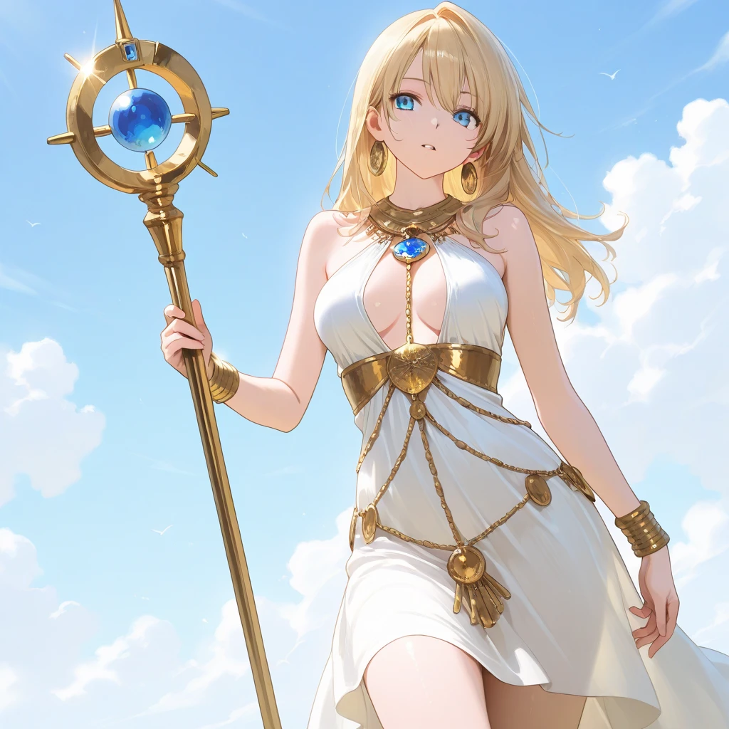 woman with long, flowing hair that radiates a bright, white light. She wears a flowing gown made of shimmering fabric that resembles stars in the night sky. Her eyes are a piercing shade of blue that sparkles like diamonds. She stands on a platform made of clouds, surrounded by an aura of warm, golden light that seems to emanate from her very being. In her hand, she holds a glowing staff that illuminates the darkness around her. The background is a celestial sky filled with stars and a crescent moon.
<lora:REDRIVER-13:0.8>