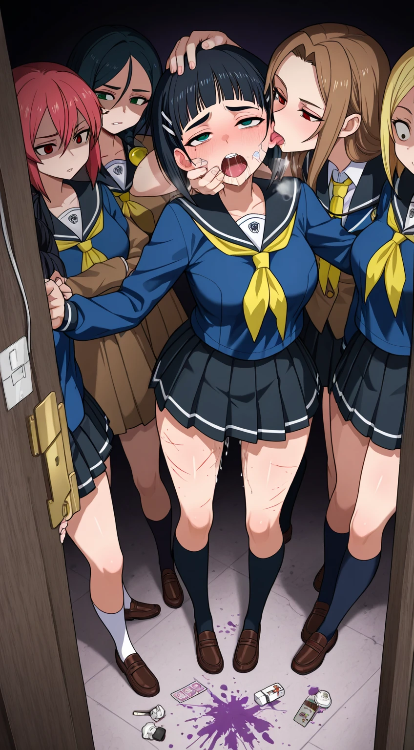 ((NSFW:1.3)),(Textured skin, Anatomically correct, Super Detail, high details, High quality, hight resolution, Best Quality, 1080p,4K),(One-person viewpoint, looking at viewer, subjective:1.5),
((My Hero Academia anime style:1.6))

(Multiple girls in Changing rooms in public bathhouses),(women's Changing rooms in public bathhouses:1.3)
((Multiple girls, 10+girl with, Group photo of the girls, Group photo of the girls:2))
(Girls of ,(14 year old),:1.5),(Girls with busts of all sizes:1.5),(Girls with various hairstyles:1.5),
(inviting you to have sex),

((Girls line up while changing clothes:1.5)),
(full body shot:1.5),


(school sailor uniform:1.5),
(while changing clothes:1.3),

(naughty expression:1.5),(orgasm smile:1.5),seductive smile, excited smile,(embarrassed:1.5)
(blush, face blush, blushing:1.5),upset

(The girls are in the process of taking off their clothes:1.5),Undressing, about to undress, in underwear, naked,
