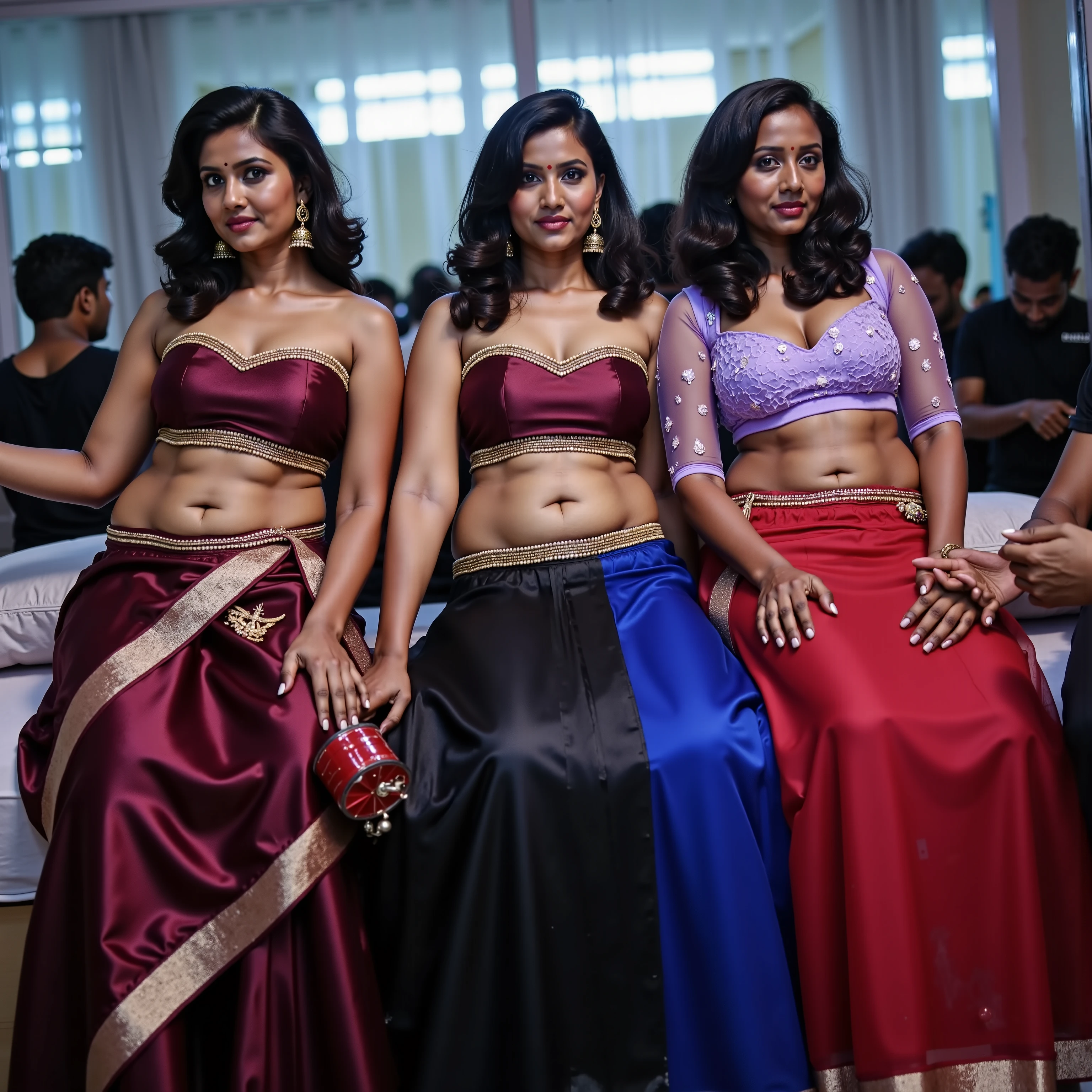 Five extremely beautiful Tamil girls, 20 year old, inside train, playful bold sassy lesbian group (((erotic, neck smooching, hip groping, cheek kissing))) poses for adults only magazine, (wearing expensive saree, sleeveless blouse, long skirt), round deep navel, HDR, hyper realistic, intricate detailing, yotta-pixel image, yocto-pixel detailing