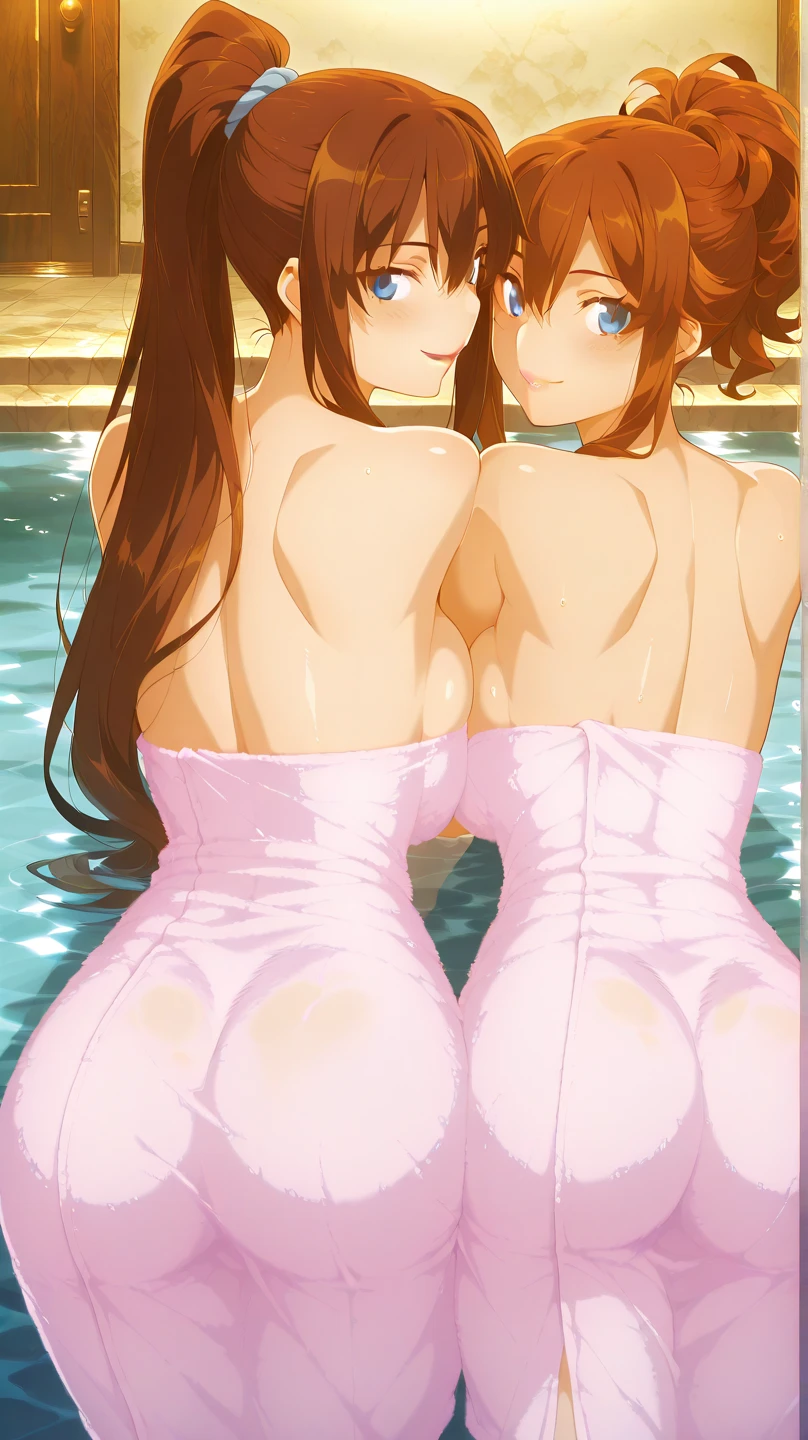 absurdres, highres, ultra detailed, (2girls:1.2), Kobeni, (single sidelock:1.2), makima, nervous, underwear, formal, lauren phillips lifting alice merchesi \(meme\), looking at another, blush, yuri, eye contact, height difference, smile, ass, kabedon, standing, against wall, open mouth, tall female, thighs, full body, indoors,
